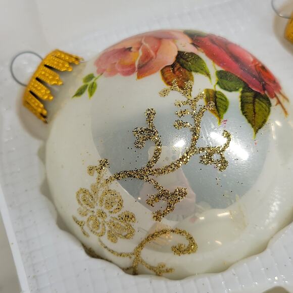 Vtg Christmas by Krebs Rose Ornaments Hand Decorated Glass Ball Crowned Set of 3 - Picture 13 of 16